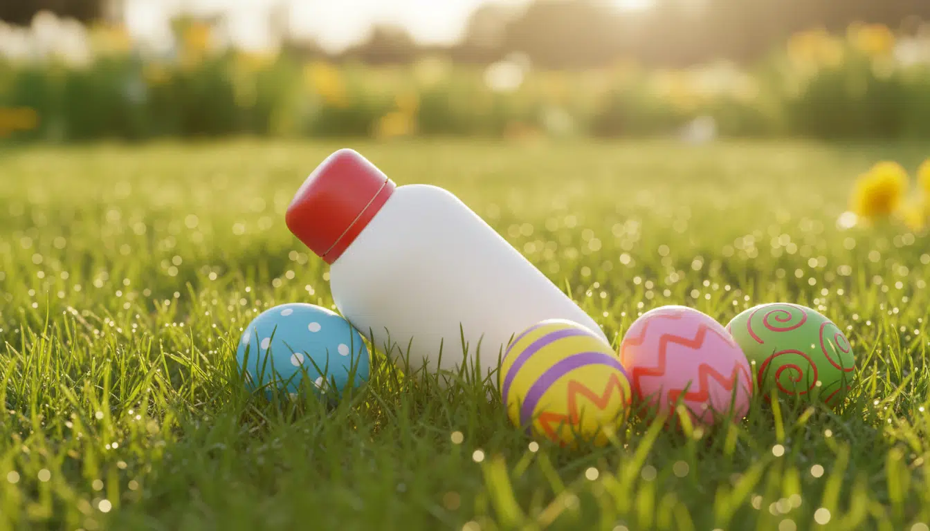 Flacon blanc à bouchon rouge dans un jardin près d'œufs de Pâques