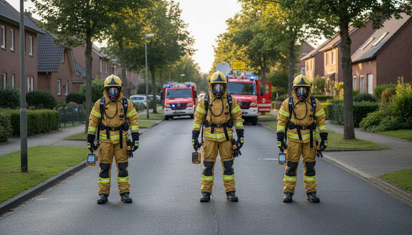 Pompiers en combinaison de protection dans une rue résidentielle allemande