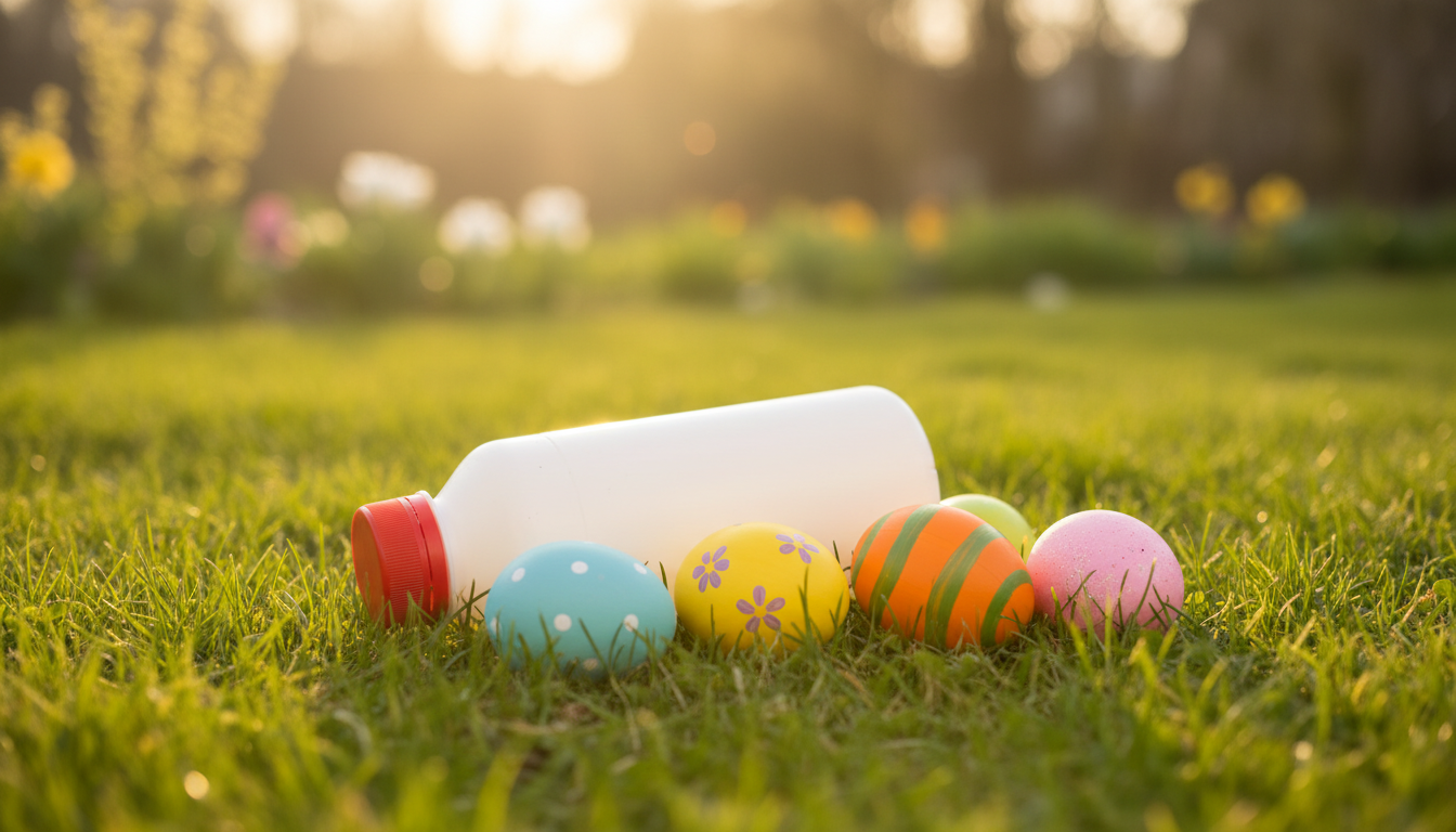 Flacon blanc à bouchon rouge dans l'herbe d'un jardin