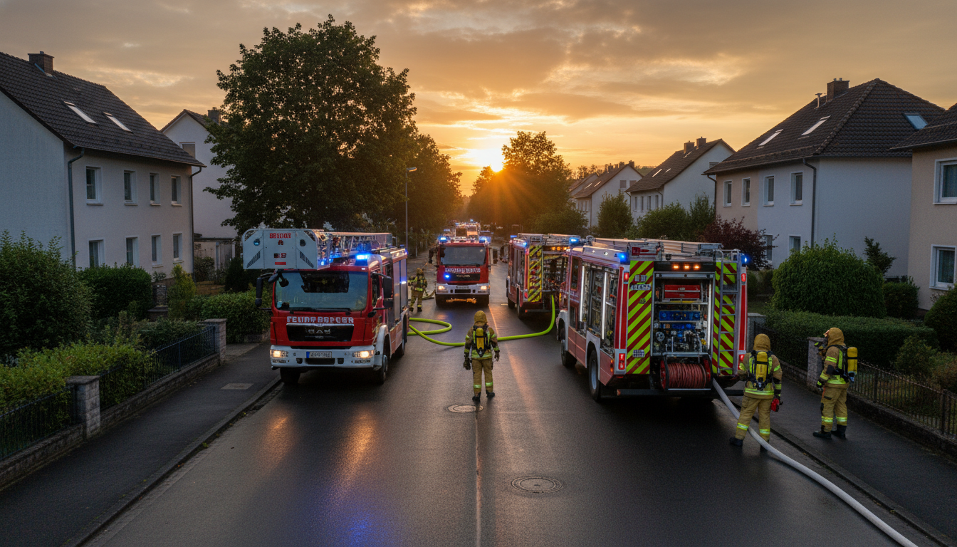 Pompiers en tenue de protection dans une rue résidentielle