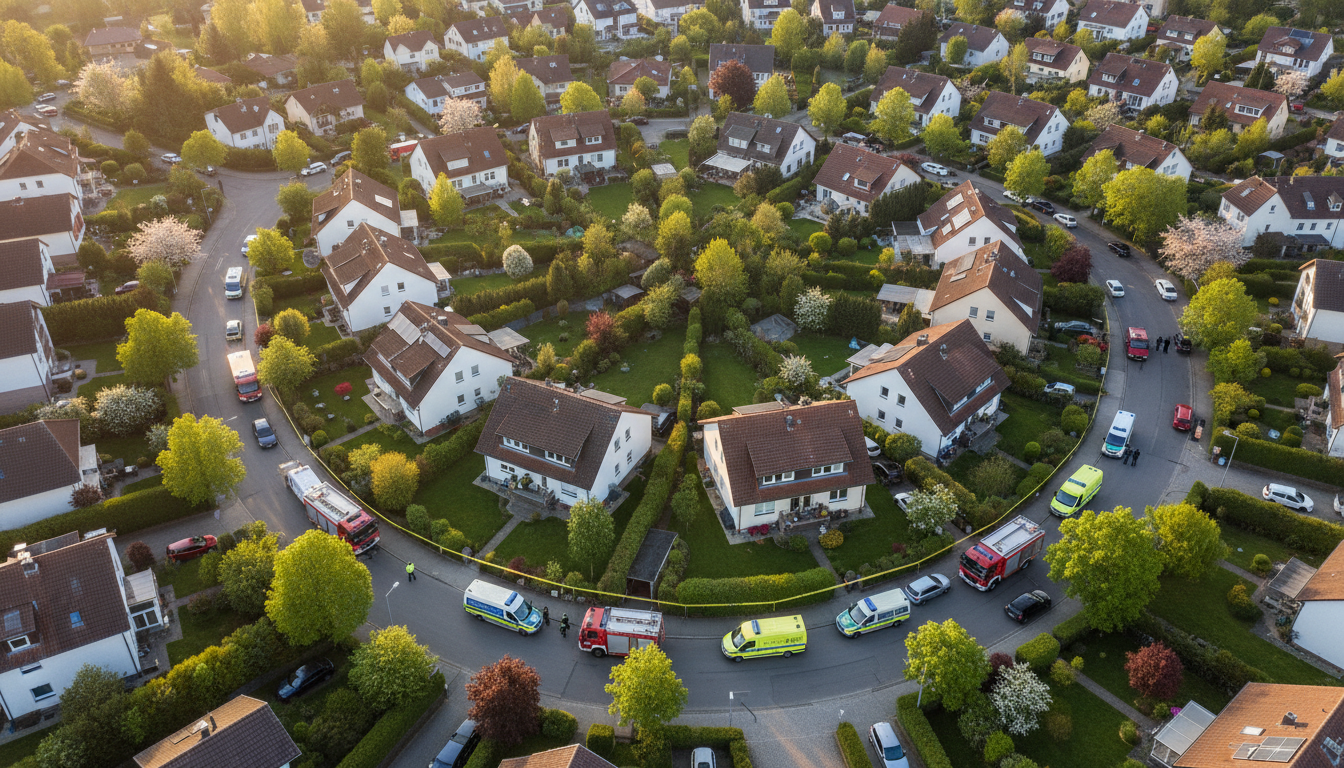 Vue aérienne d'un quartier bouclé par la police