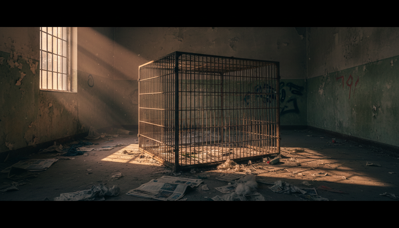 Cage à chien métallique dans une pièce insalubre