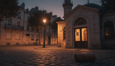 Entrée d'une mosquée de nuit avec extincteur abandonné