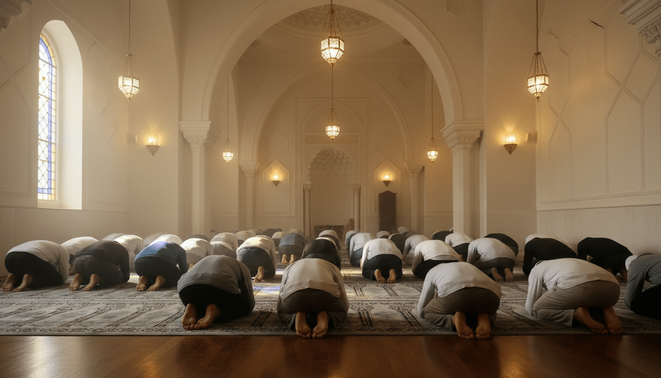 Fidèles en prière dans une salle de mosquée