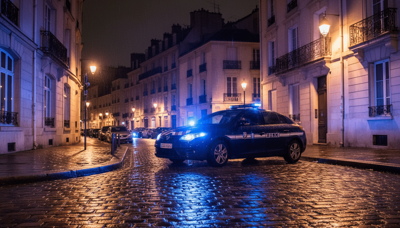 Voiture de police en patrouille nocturne dans un quartier résidentiel