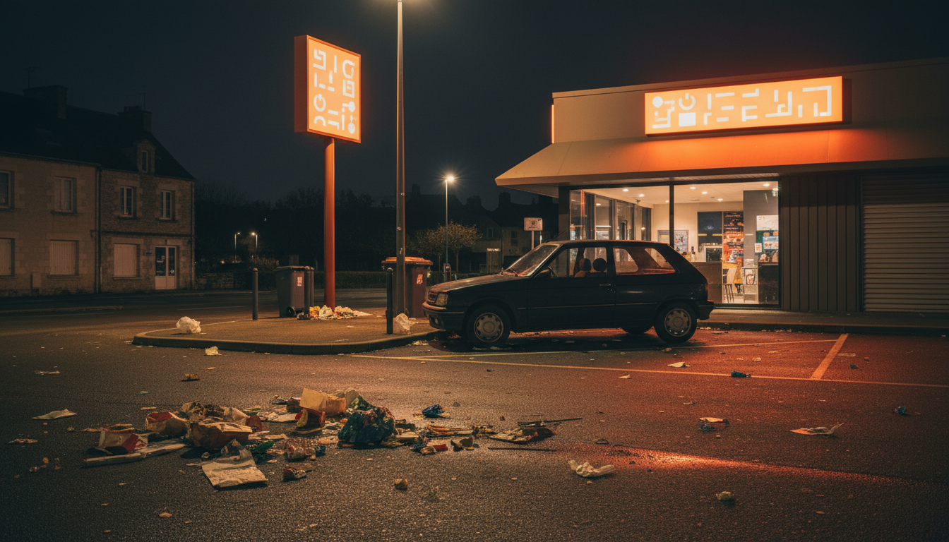 Parking de fast-food la nuit avec déchets au sol