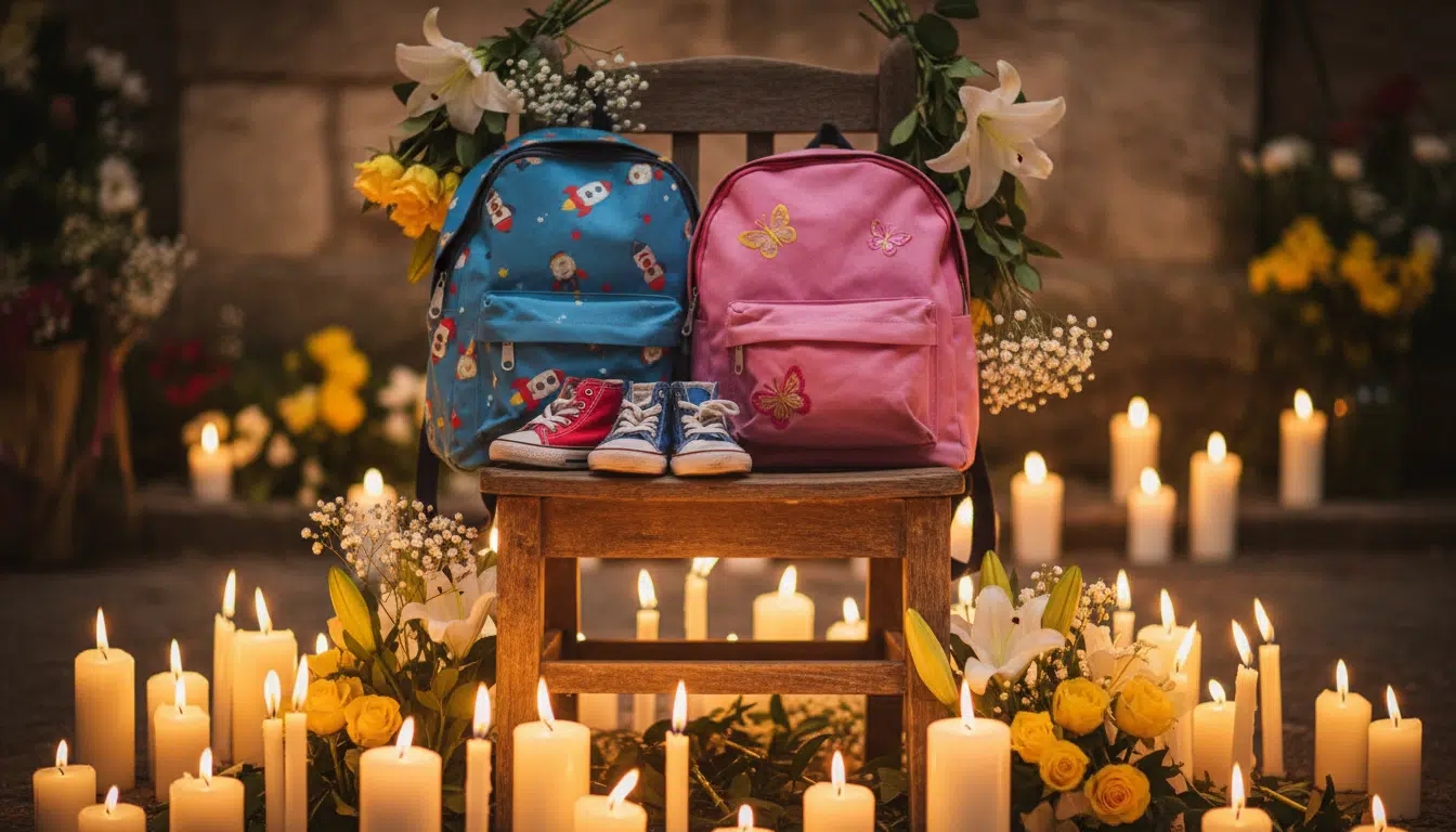 Mémorial improvisé avec cartables et bougies pour deux enfants
