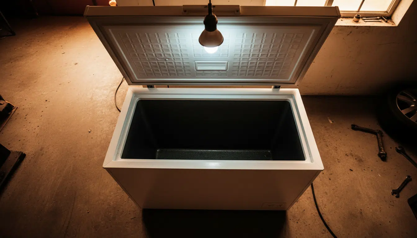 Intérieur vide d'un congélateur coffre vu du dessus