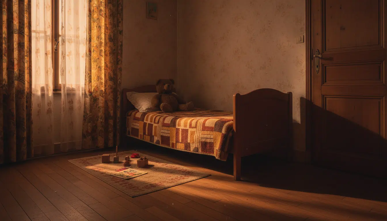 Chambre d'enfant vide des années 1970 évoquant l'enfance volée