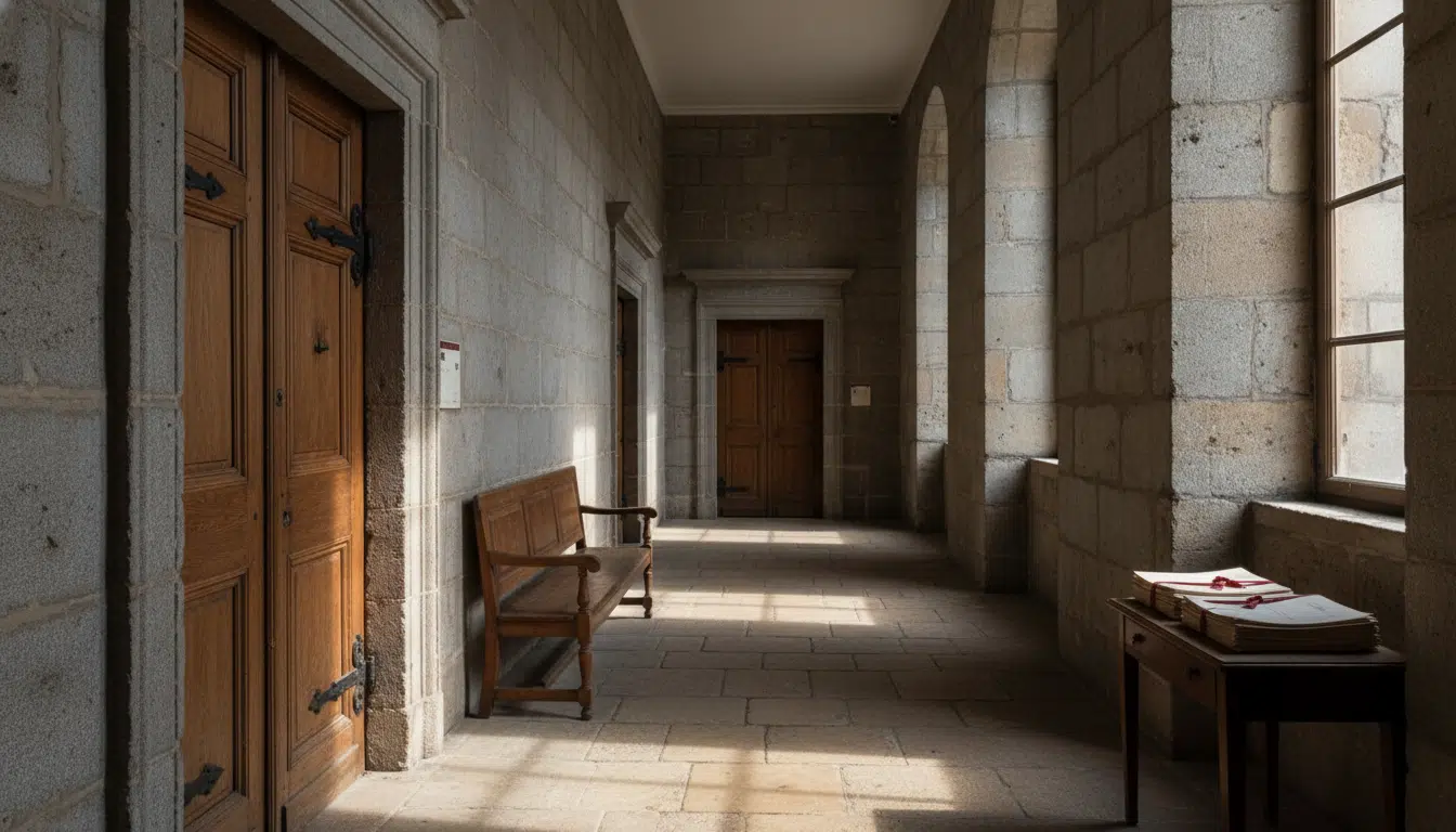 Couloir de tribunal français symbolisant la procédure judiciaire