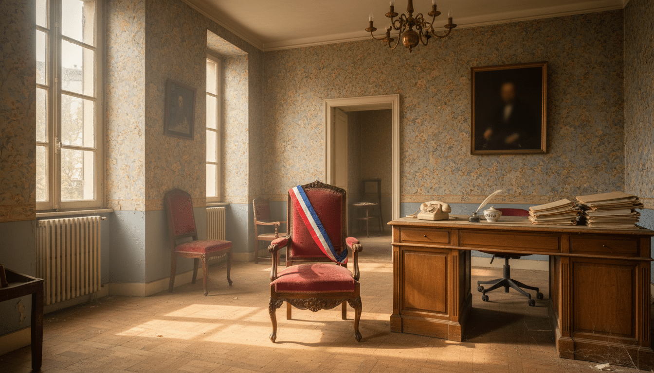 Bureau de mairie française des années 1980 avec écharpe tricolore