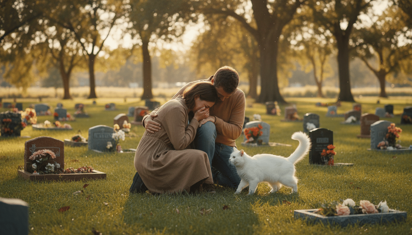Couple en deuil réconforté par un chat blanc au cimetière