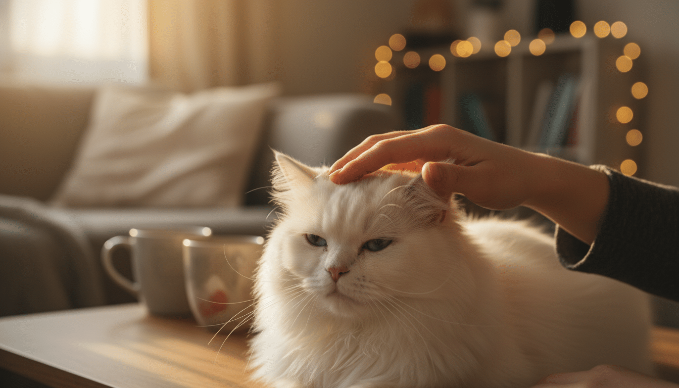 Mains caressant tendrement un chat blanc