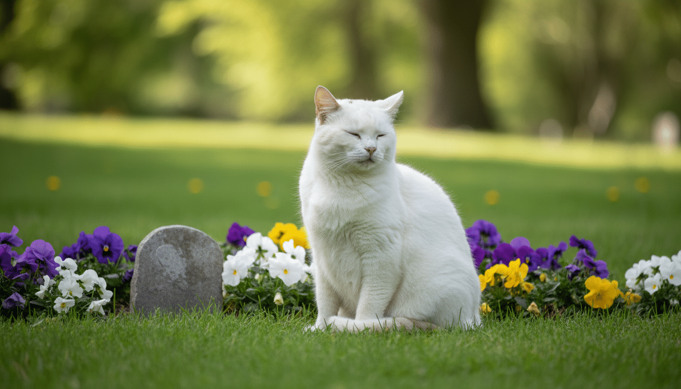 Chatte blanche près d'une tombe d'animal de compagnie