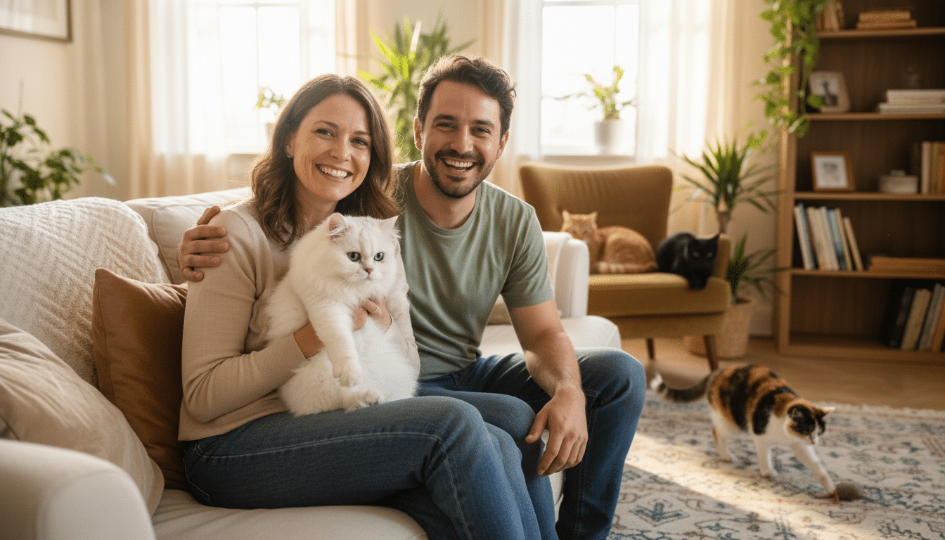 Couple souriant avec leur chatte blanche adoptée