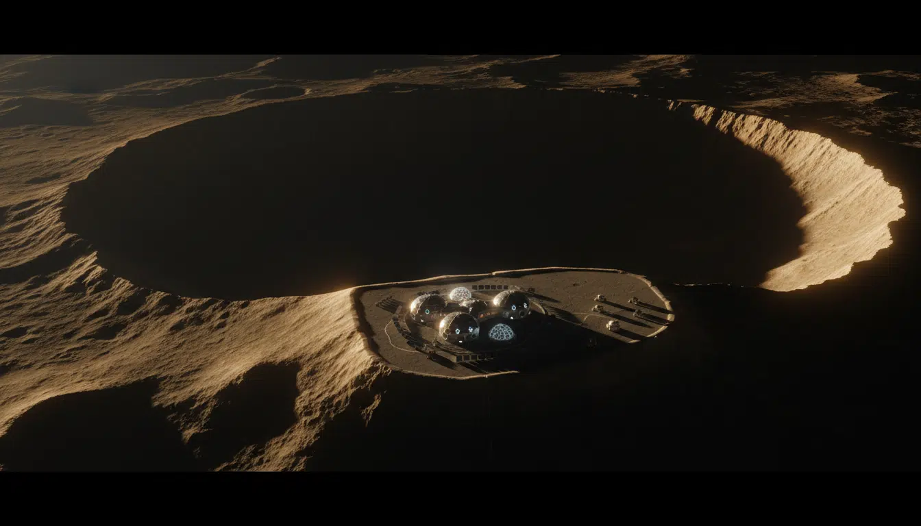 Pôle sud lunaire avec cratères ombragés et concept de base spatiale