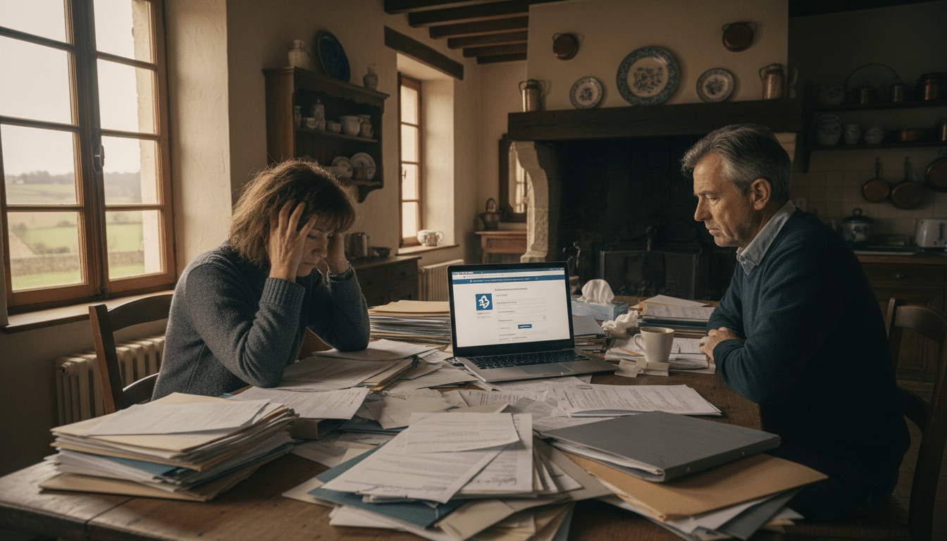 Couple stressé face à des courriers administratifs sur leur table