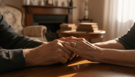 Mains de couple âgé enlacées sur une table
