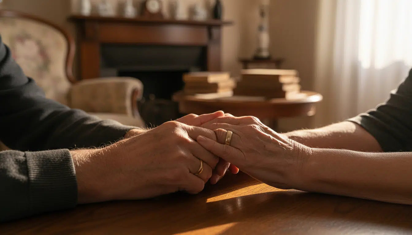 Mains de couple âgé enlacées sur une table