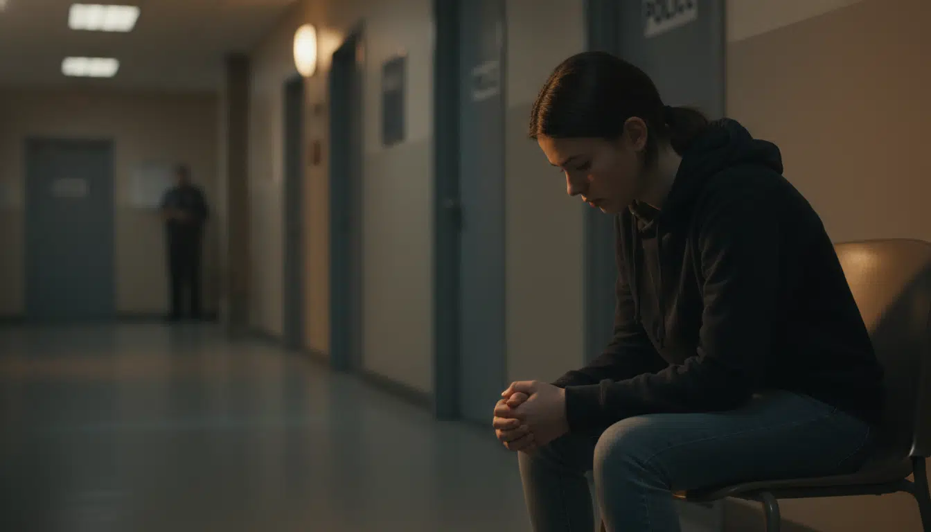 Adolescente seule assise dans un couloir sombre