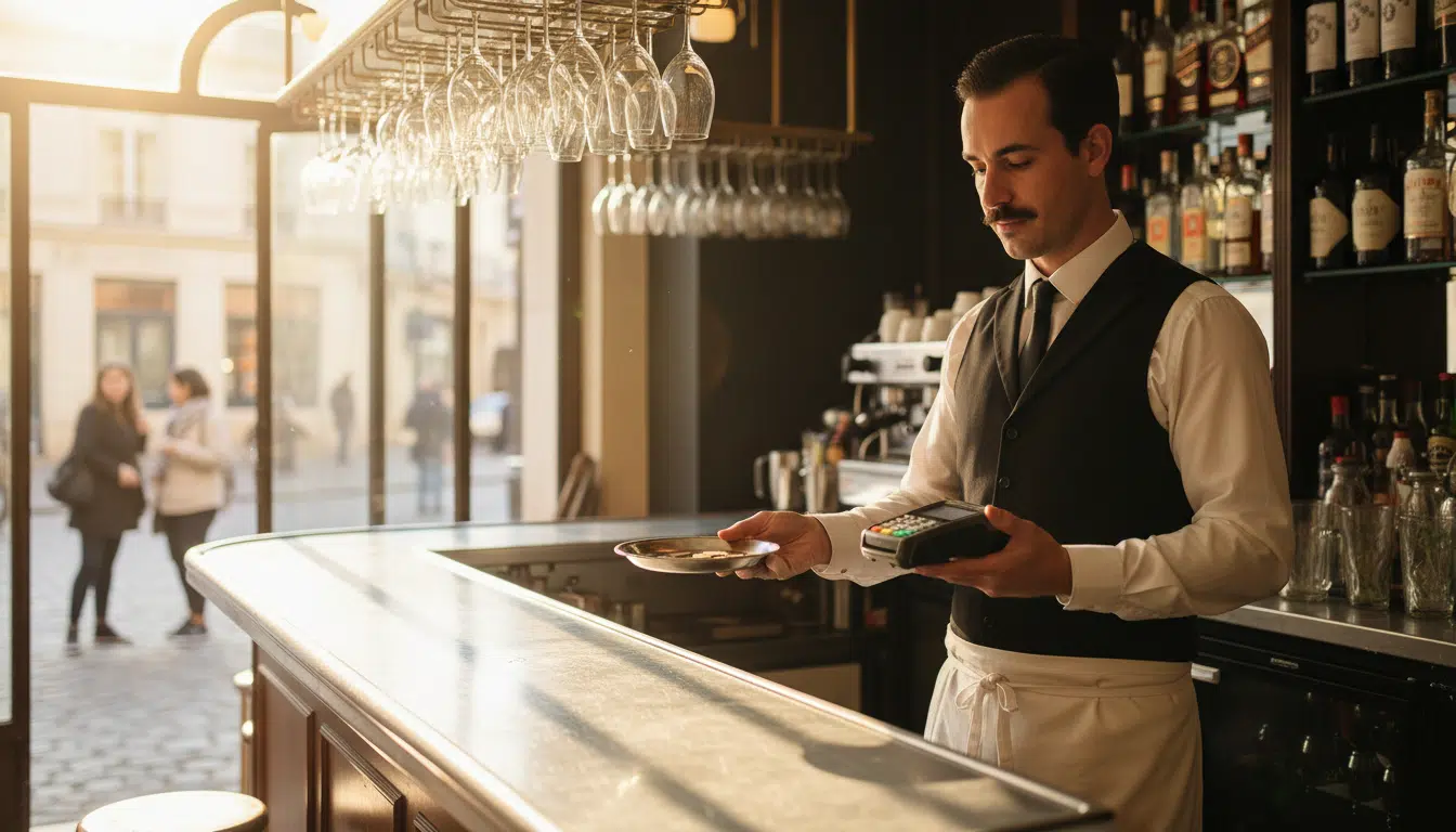 Serveur français derrière un comptoir de bistrot avec pourboires