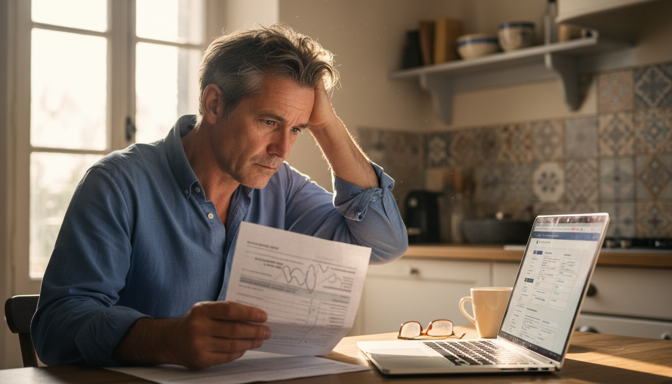 Contribuable stressé devant sa déclaration d'impôts papier et son ordinateur