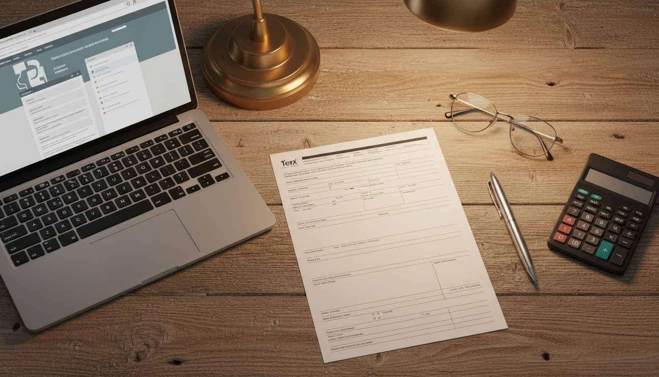 Formulaire de déclaration d'impôts papier posé à côté d'un ordinateur portable