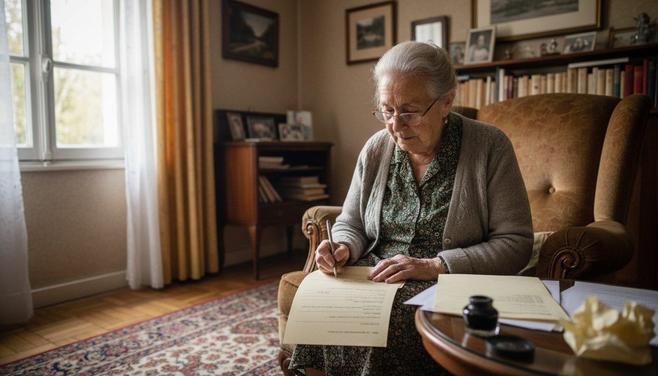 Personne âgée remplissant sa déclaration d'impôts sur papier chez elle