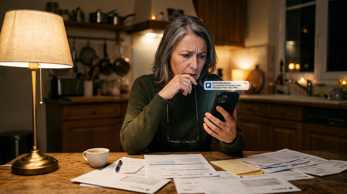 Personne inquiète consultant l'application PayPal sur son téléphone