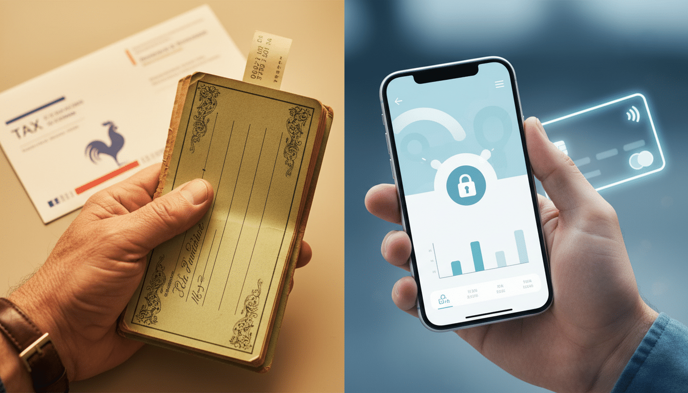 Chéquier ancien face à un smartphone avec application bancaire