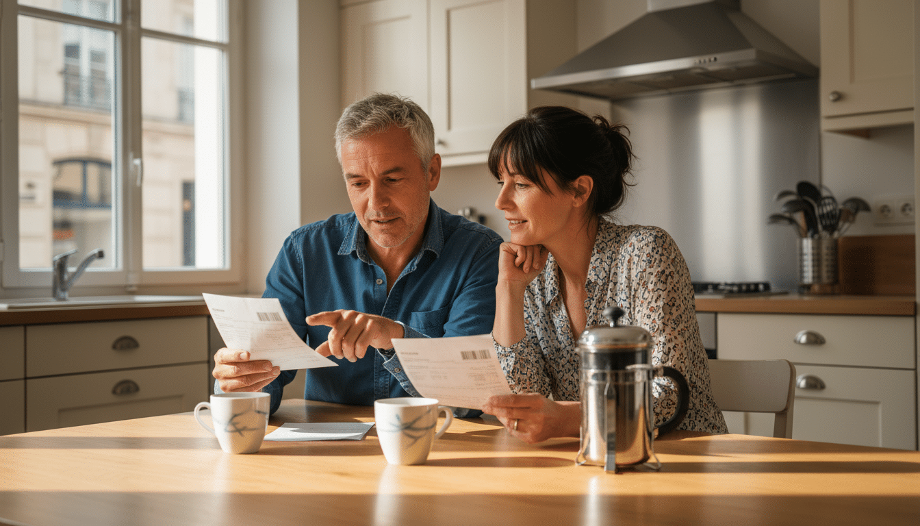 Couple comparant leurs fiches de paie pour le taux individualisé