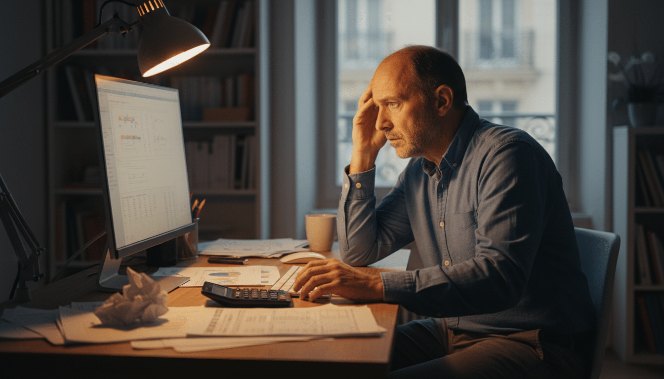 Contribuable français stressé devant sa déclaration d'impôts