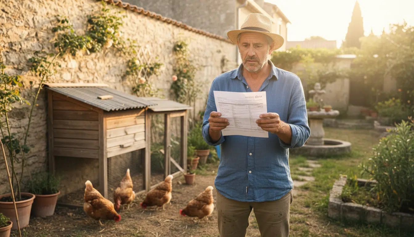 Propriétaire perplexe devant son poulailler et un avis d'imposition