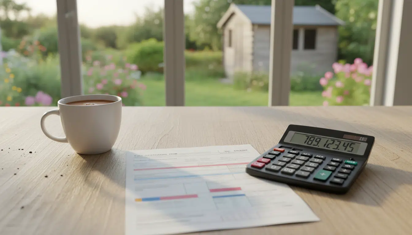 Formulaire fiscal et calculatrice sur une table avec vue sur un jardin