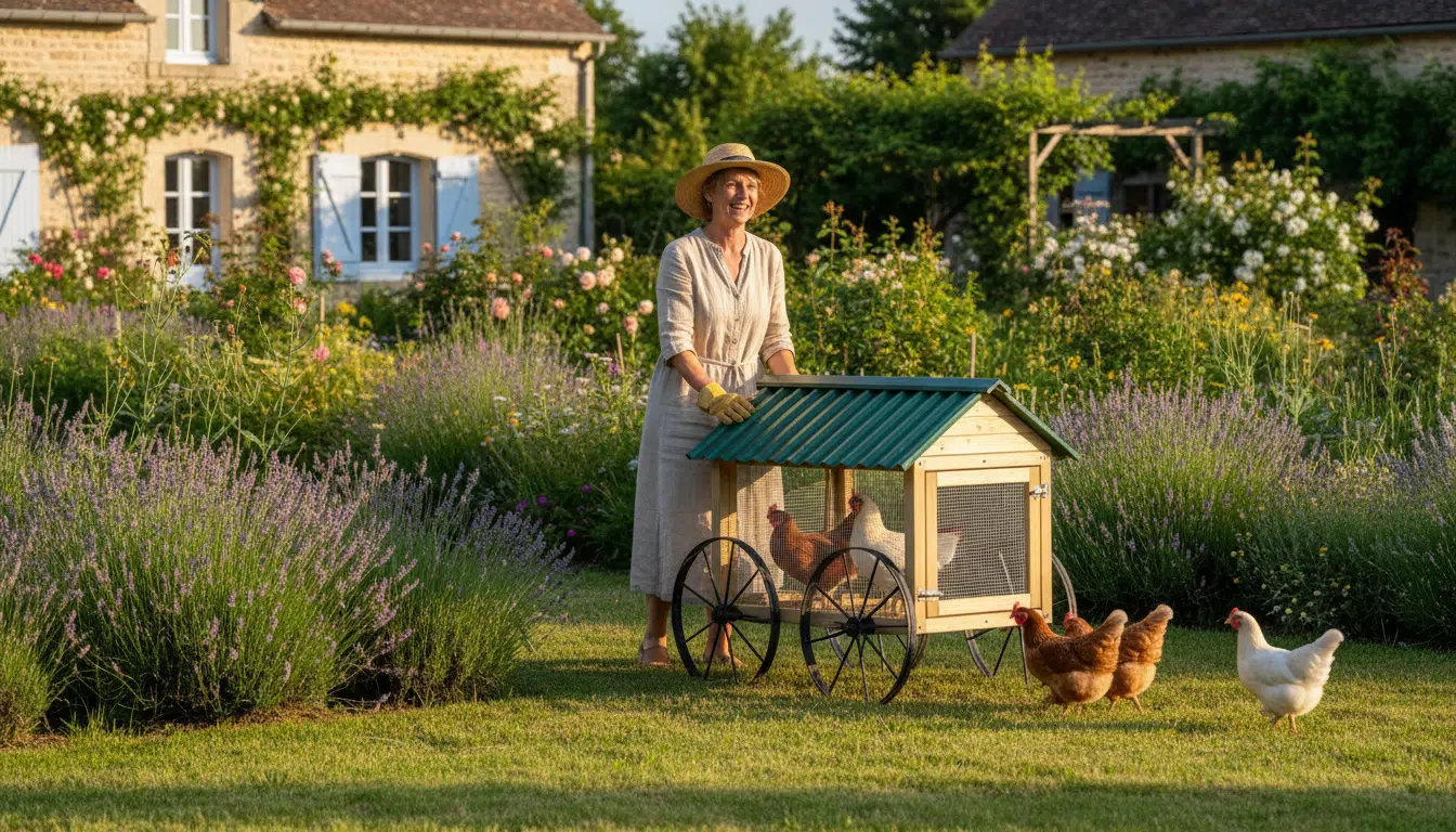 Femme déplaçant un poulailler mobile dans son jardin