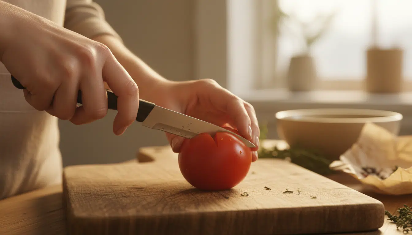 Incision en croix sur une tomate avant mondage
