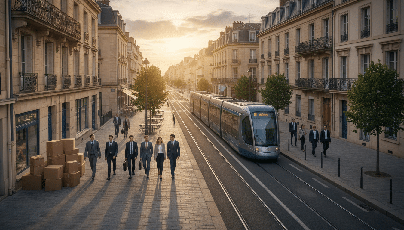 Rue d'une métropole régionale française au coucher du soleil