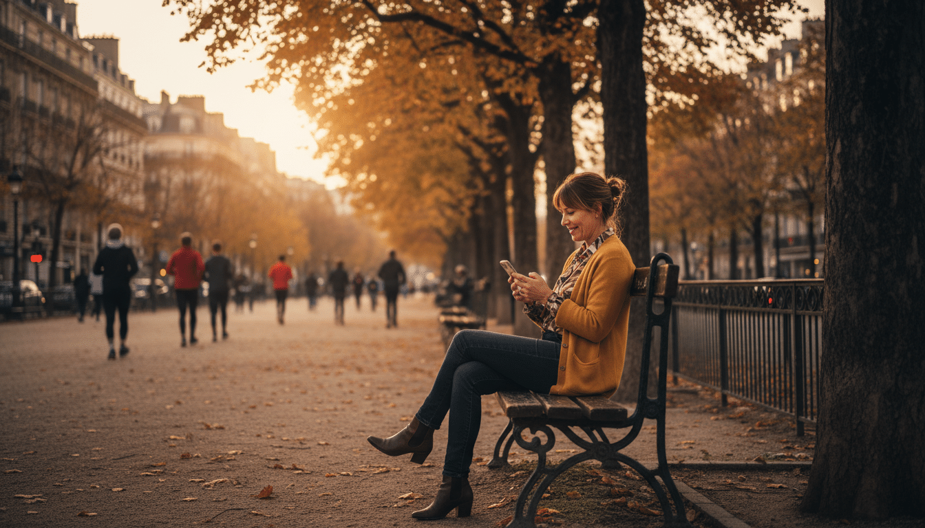 Femme consultant discrètement son téléphone dans un parc