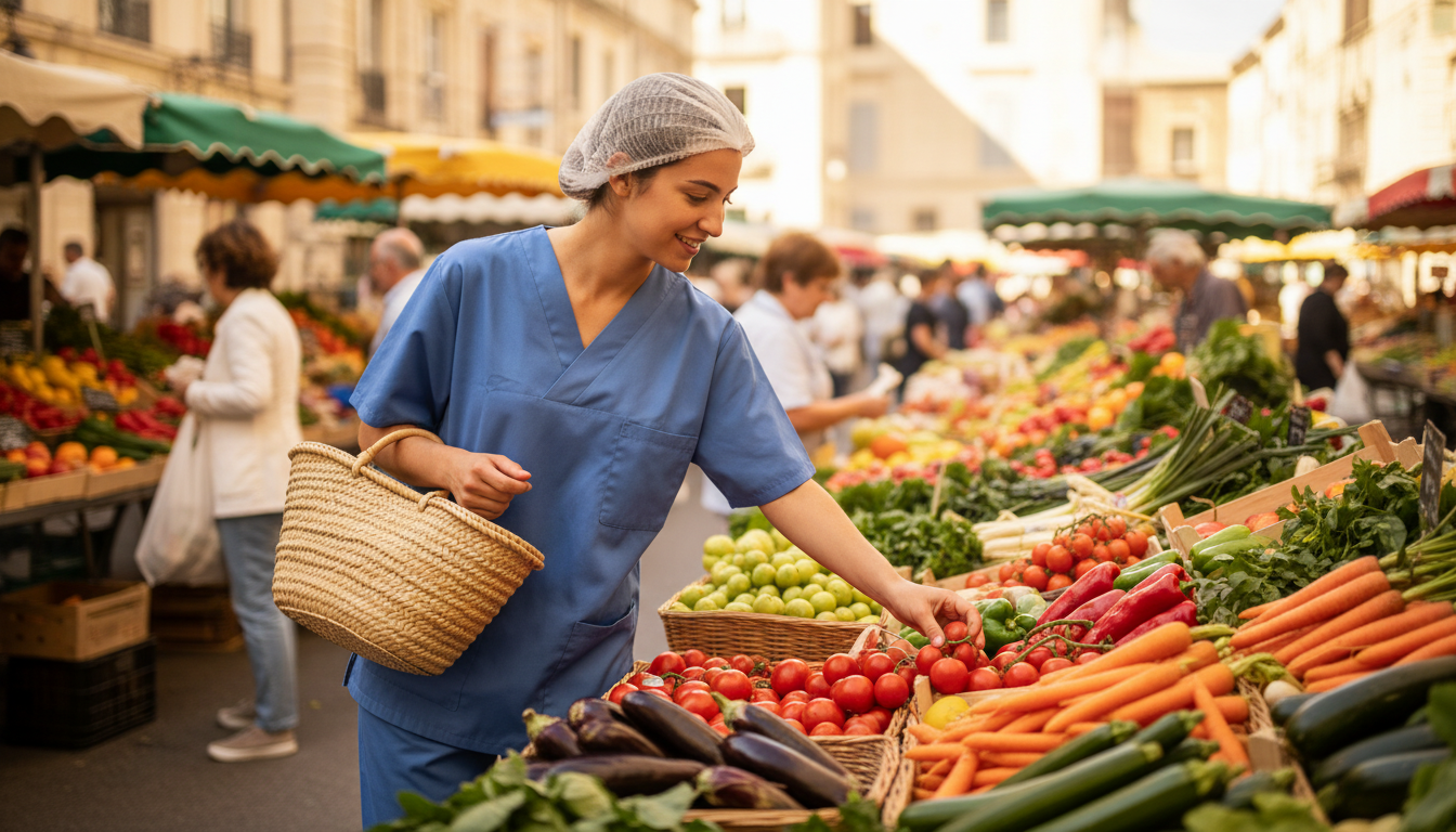 Infirmière fait ses courses au marché de Montpellier