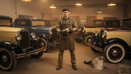 Ingénieur années 1920 dans atelier carrosserie avec ruban adhésif