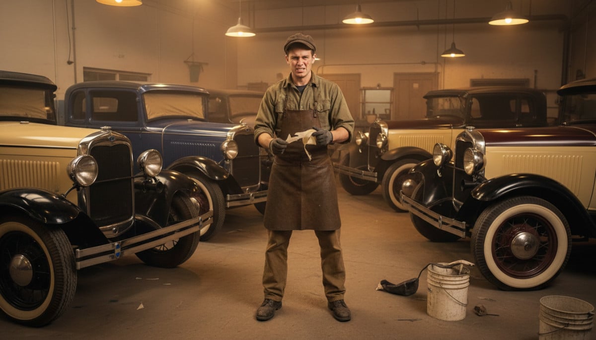Ingénieur années 1920 dans atelier carrosserie avec ruban adhésif