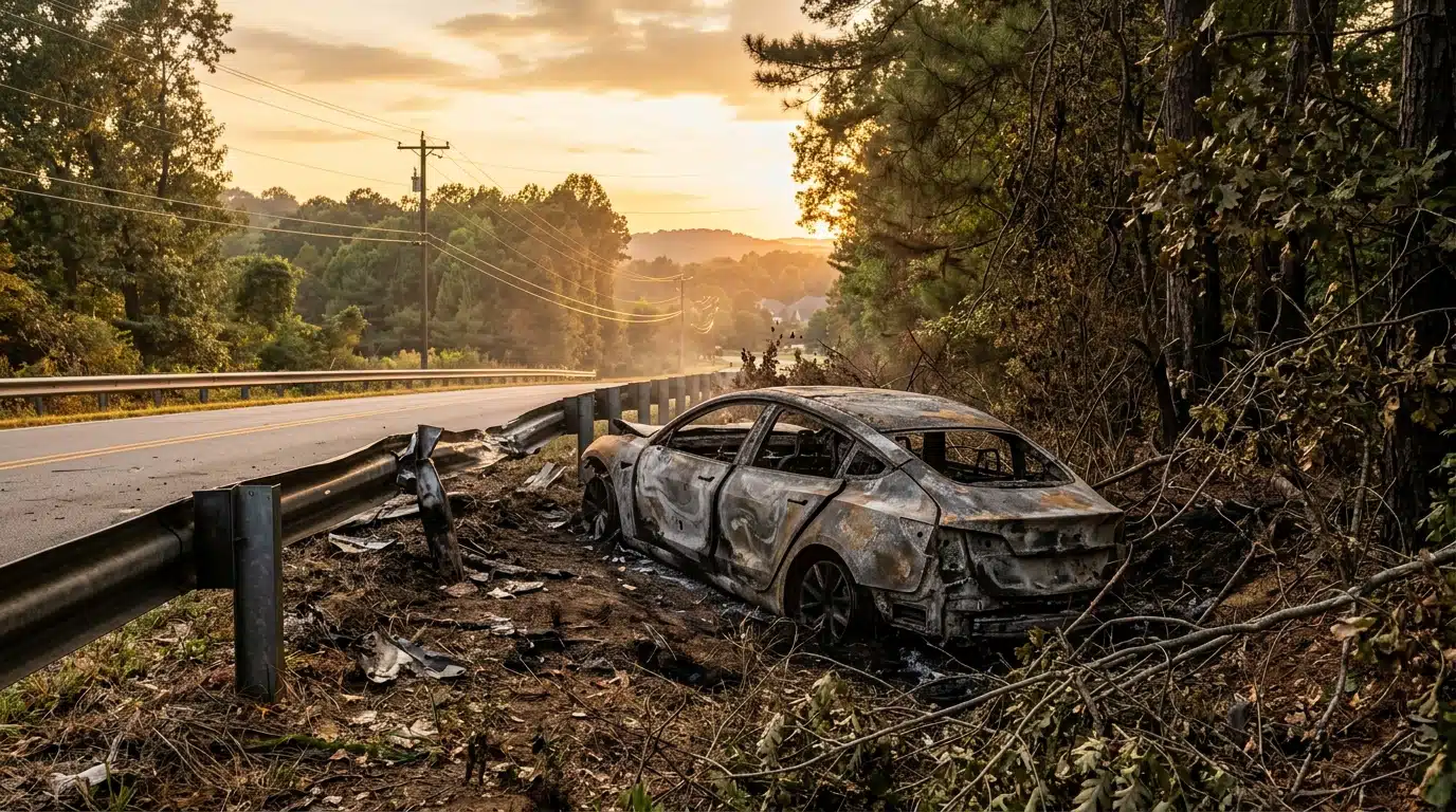 Carcasse calcinée d'une Tesla Model 3 au bord d'une route