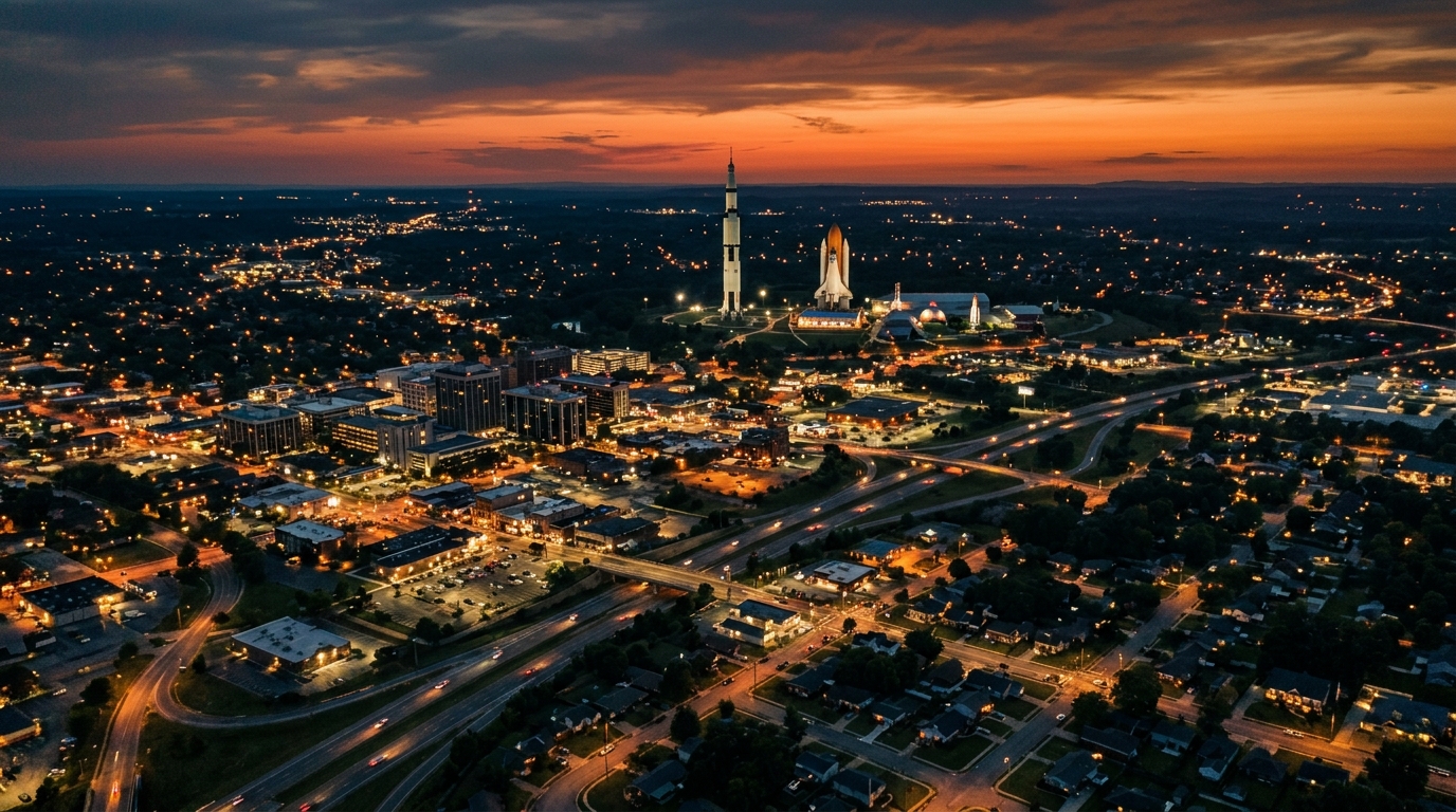 Vue aérienne de Huntsville Alabama au crépuscule