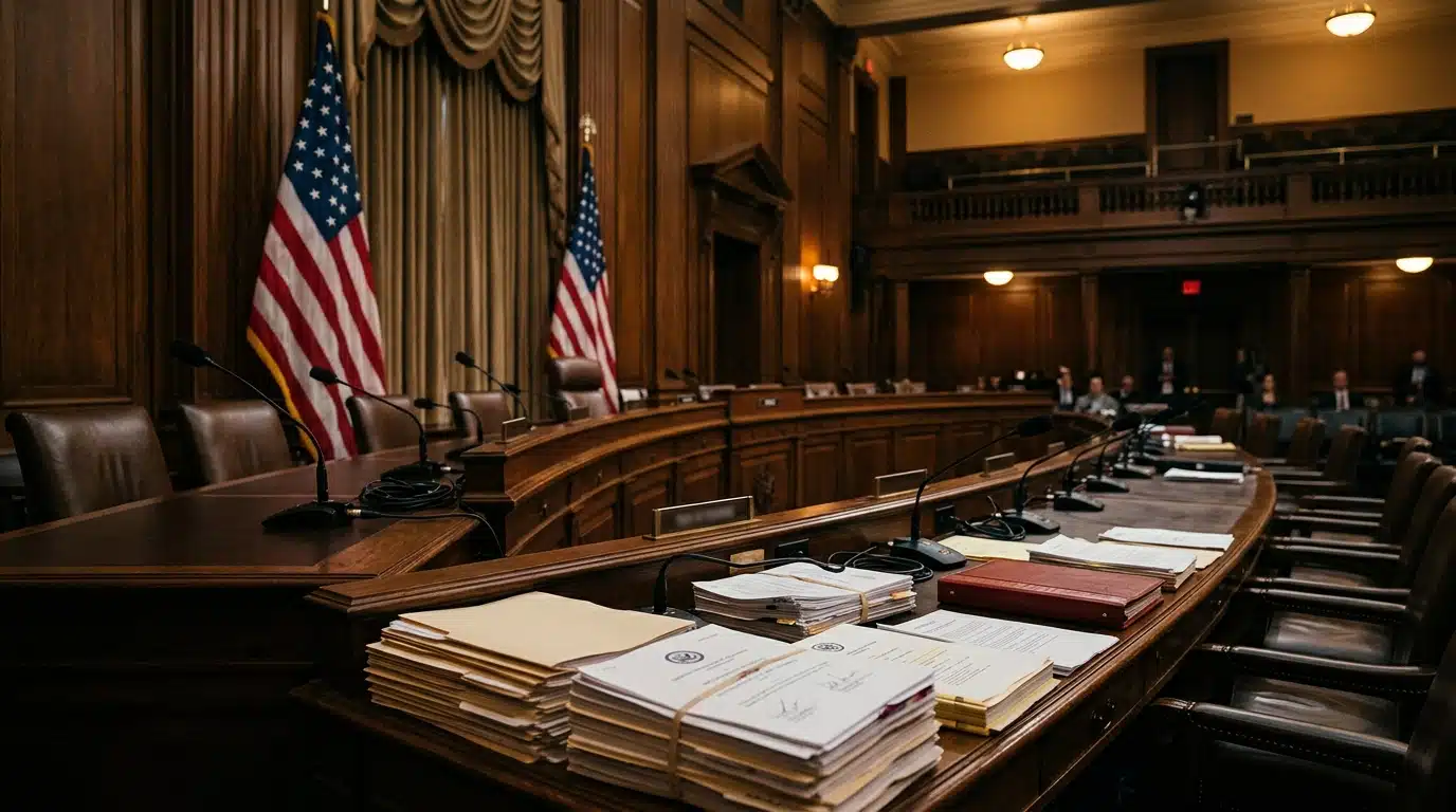Salle d'audience du Congrès américain avec microphones et documents