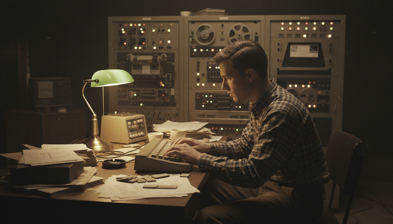 Ingénieur des années 60 devant un ordinateur mainframe la nuit