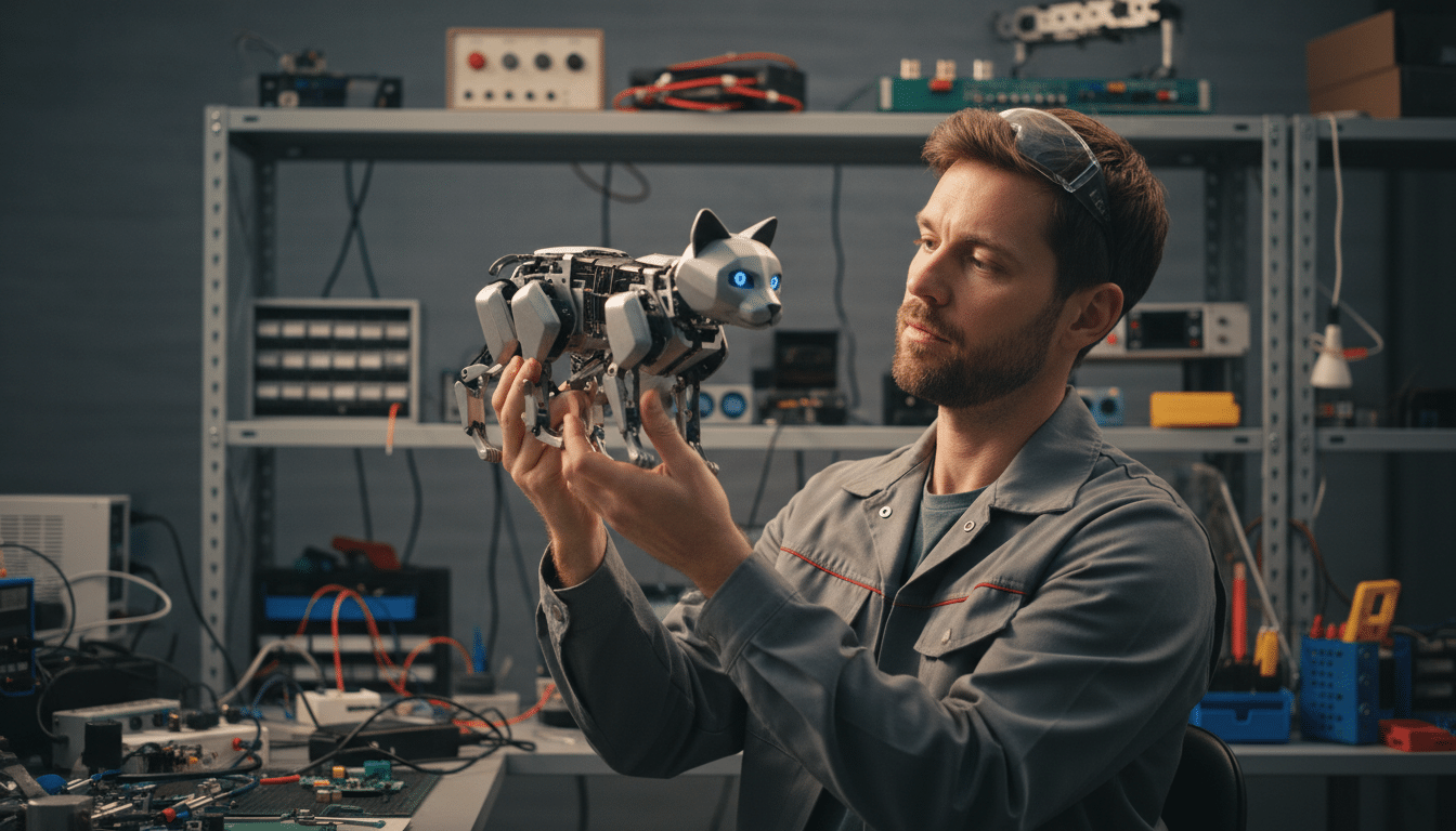 Ingénieur tenant un robot inspiré du réflexe félin