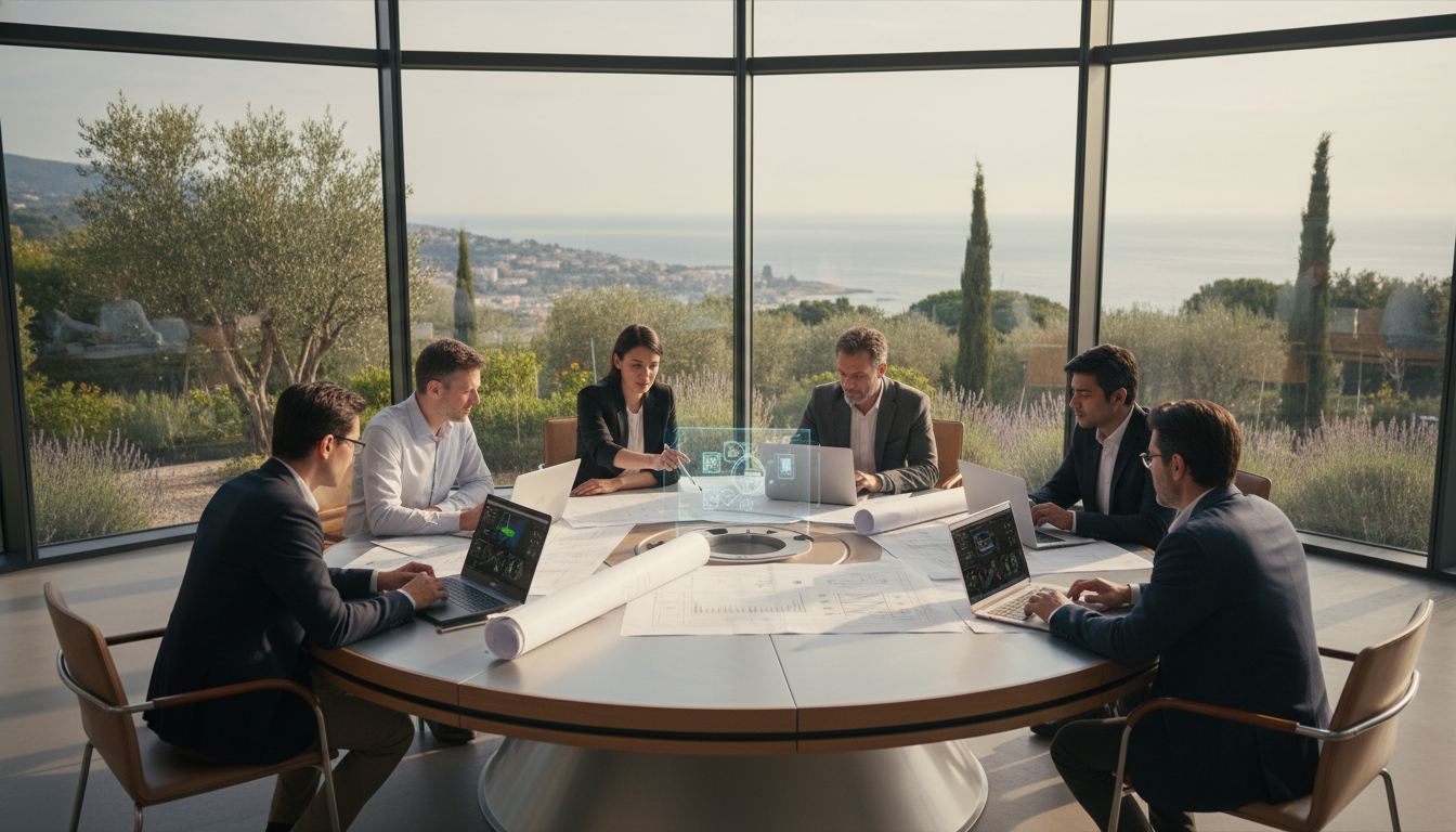 Ingénieurs travaillant dans un campus technologique style Sophia Antipolis