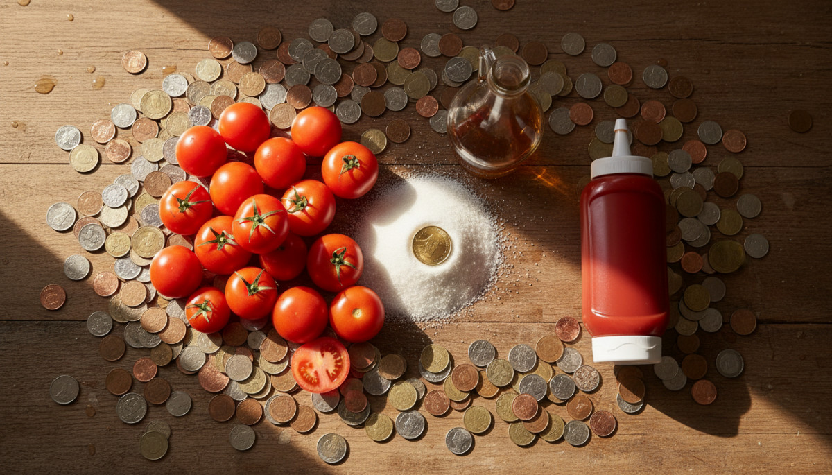 Ingrédients du ketchup et pièces de monnaie sur une table