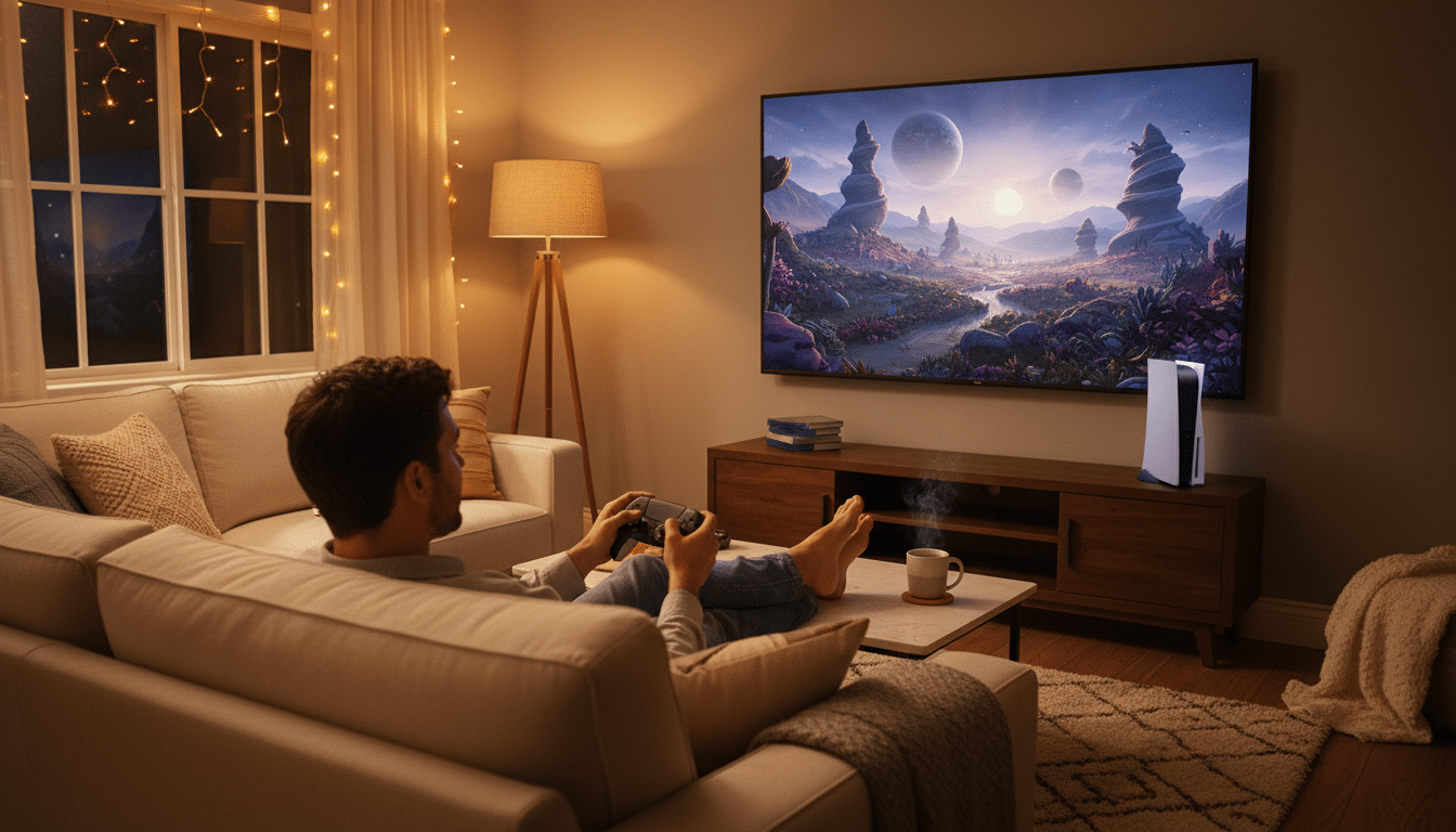 Joueur détendu profitant de Starfield sur PS5 sans bug