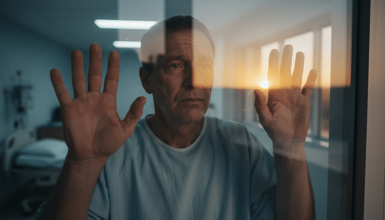 Homme derrière une fenêtre d'hôpital psychiatrique regardant dehors